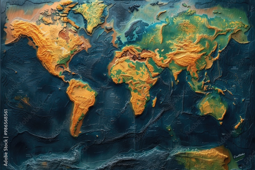 Aufkleber a colorful world map illustrating geographical features and landscapes, with varying hues representi