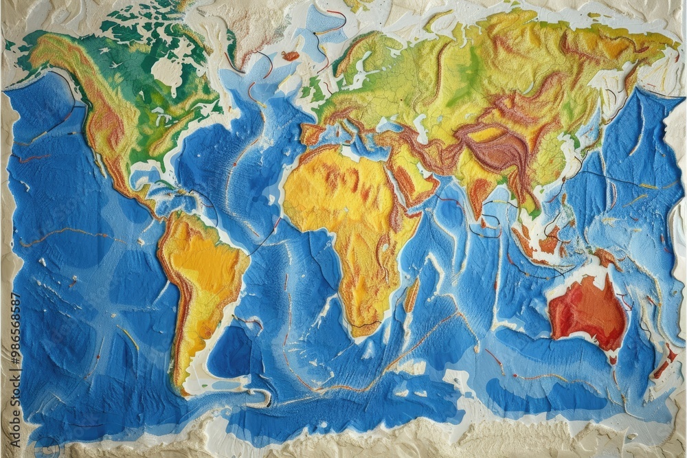 Aufkleber a colorful world map illustrating geographical features and landscapes, with varying hues representi