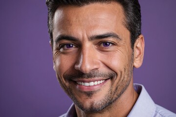 Obraz premium Full framed very close face portrait of a smiling 40s hispanic man with violet eyes looking at the camera, studio shot,violet background.