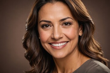 Naklejka premium Full framed very close face portrait of a smiling 40s hispanic woman with brown eyes looking at the camera, studio shot,brown background.
