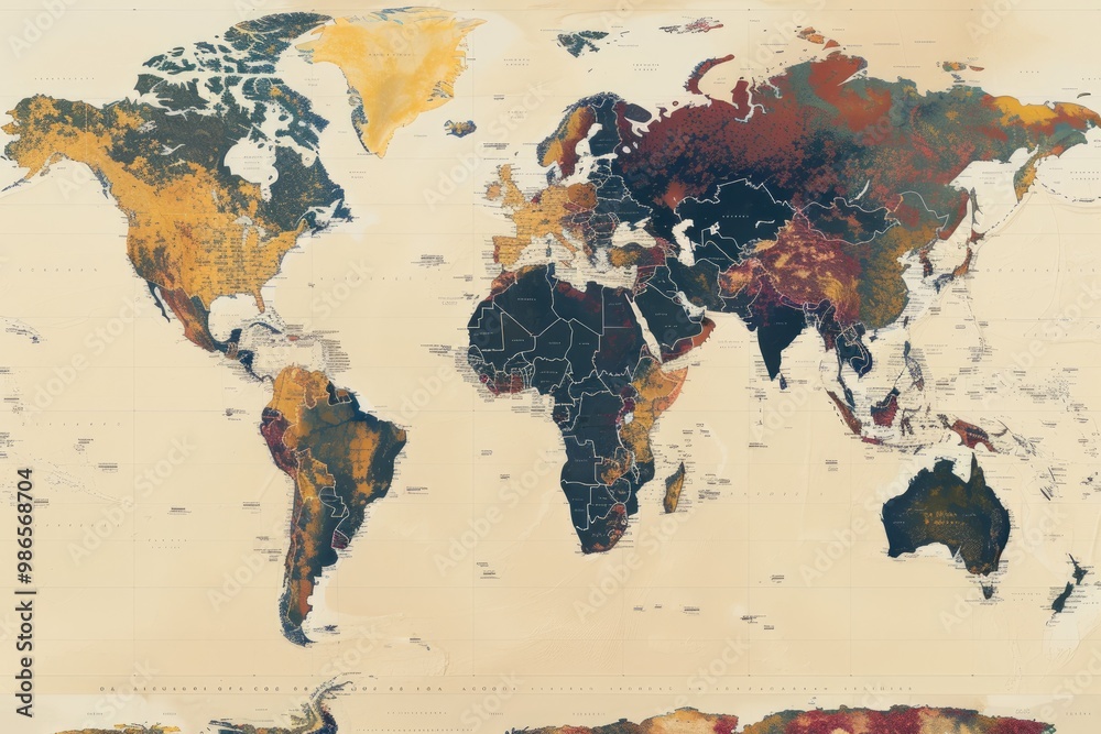 Poster A vintage-style world map showcasing different regions with unique color palettes and geographical divisions, emphasizing both continents and countries in a detailed representation