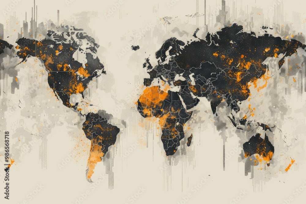 Poster a vintage-style world map showcasing different regions with unique color palettes and geographical d