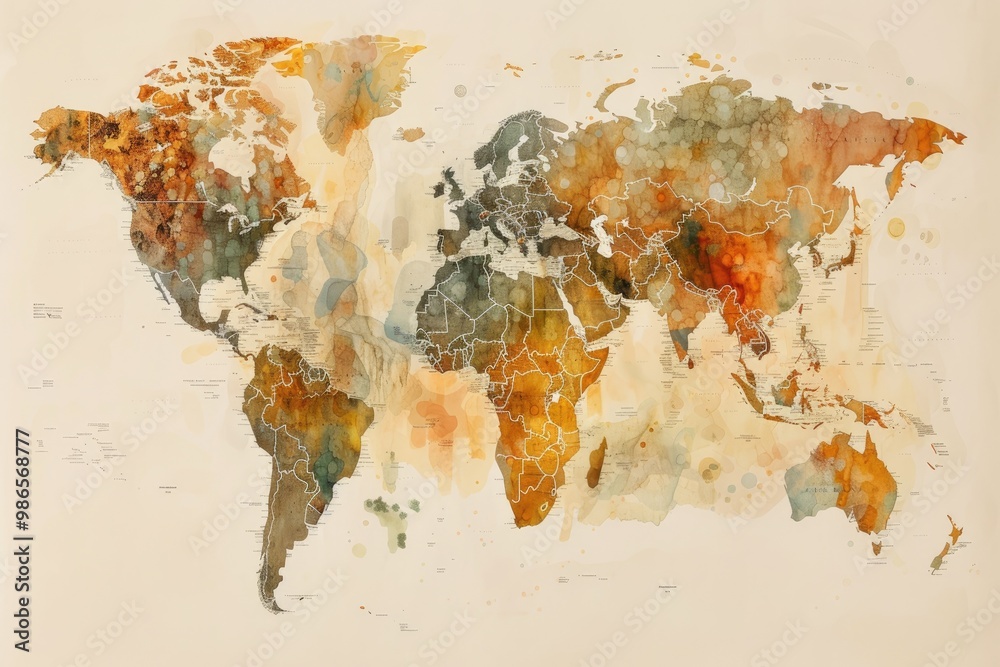 Poster a vintage-style world map showcasing different regions with unique color palettes and geographical d