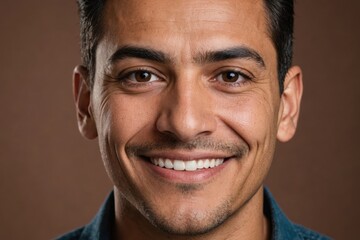 Obraz premium Full framed very close face portrait of a smiling 40s hispanic non binary with brown eyes looking at the camera, studio shot,brown background.