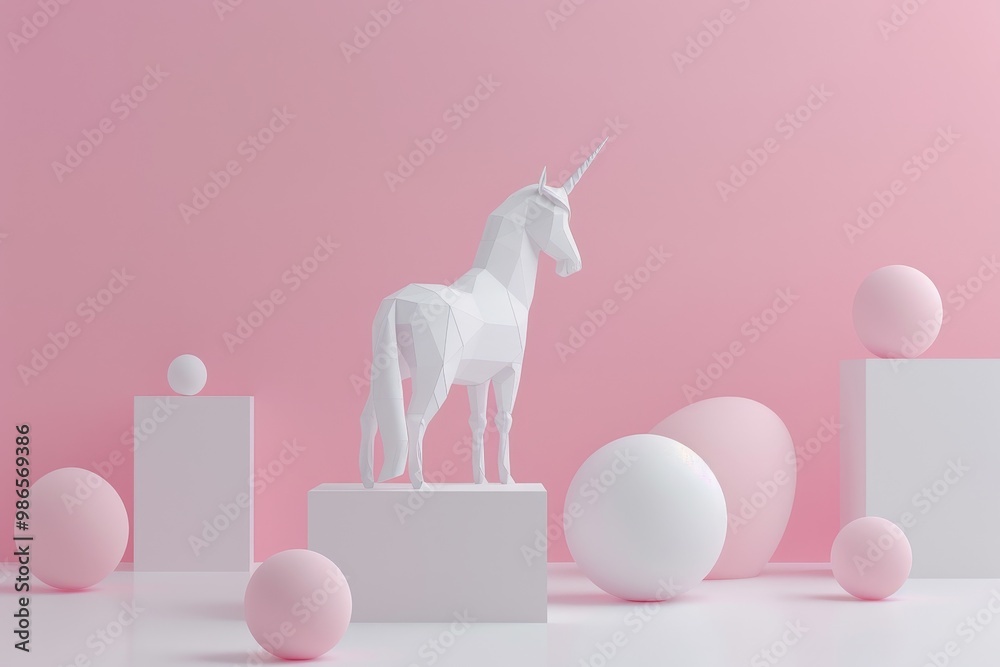 Poster a minimalist white unicorn sculpture standing on a pedestal surrounded by soft pink and white geomet