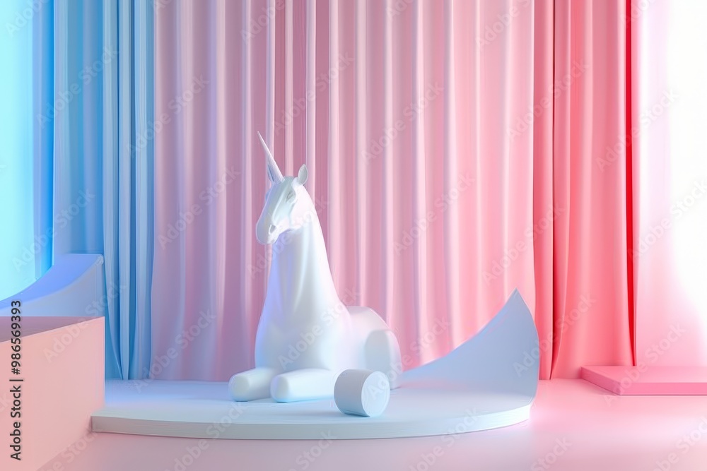 Poster a minimalist white unicorn sculpture standing on a pedestal surrounded by soft pink and white geomet
