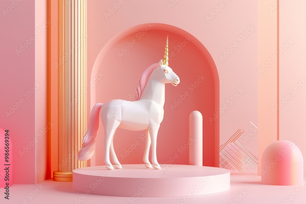 Poster a minimalist white unicorn sculpture standing on a pedestal surrounded by soft pink and white geomet