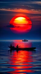 Silhouetted fishermen in boats against vibrant sunset reflecting on water