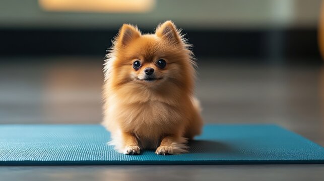 This adorable Pomeranian shows off its balancing skills on a small yoga mat, enjoying a playful exercise moment in a cozy indoor space - Powered by Adobe