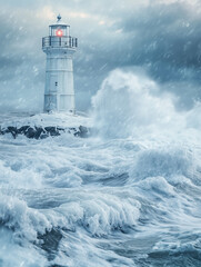 Lighthouse on rocky coastline during winter storm