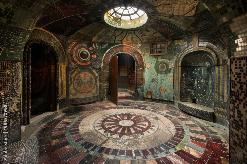 Poster a beautifully designed mosaic room featuring intricate patterns, colorful tiles, and a skylight that