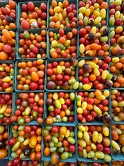 Baskets of grape and cherry tomatoes on sale at a Farmer's Market