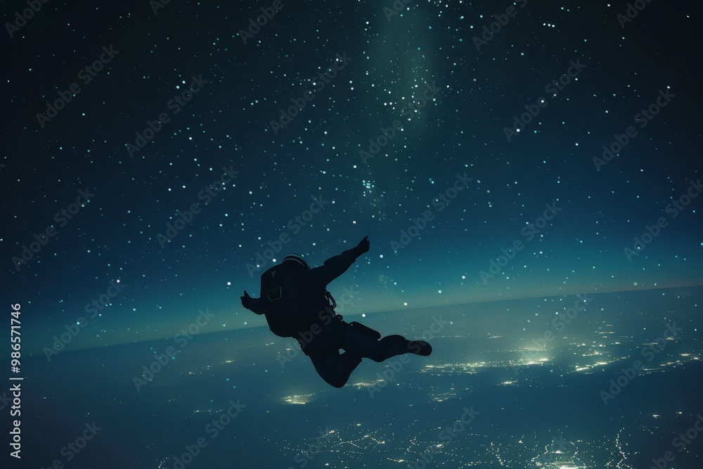 Aufkleber an astronaut gazing up at a brilliant night sky filled with stars and galaxies while floating in spa