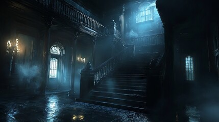 Haunting 3D Visualization of a Cursed Mansion with Ghostly Silhouettes and Flickering Lights Creating a Chilling Atmosphere