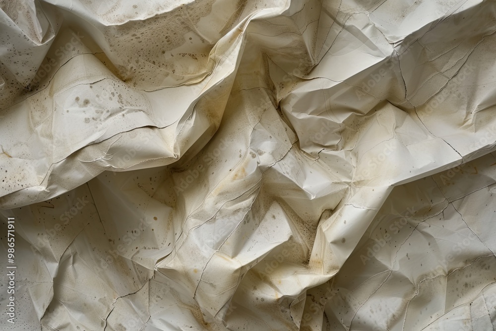 Fototapete Crumpled textured paper showcasing intricate creases and patterns under soft natural light in a close-up view