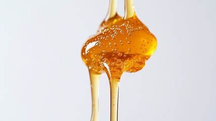 A honey drop captured in mid-air, dripping against a white backdrop.