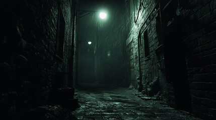 Fototapeta premium Eerie 3D Render of Shadowy Alley with Flickering Streetlights - Urban Horror Scene with Menacing Atmosphere