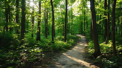 Obraz premium Forest Path with Sunlight Filtering Through Trees