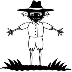 Line Art Vector of a Scarecrow with Glowing Eyes in a Dark Field