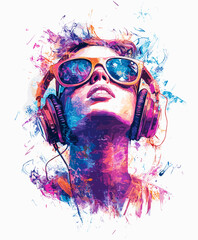 Colorful abstract portrait of a woman wearing sunglasses and headphones with vibrant splashes of paint