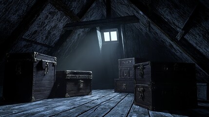 Obraz premium Eerie 3D Render of Creepy Attic with Old Trunks, Dark Corners, and Flickering Shadows