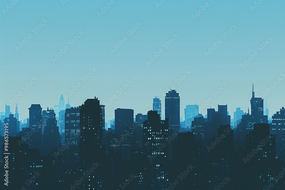 Poster a vibrant city skyline at dusk showcasing modern architecture and a colorful sky with soft clouds an