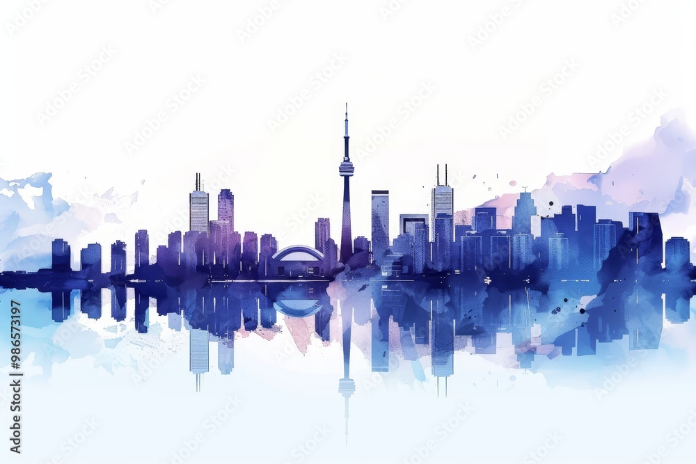 Poster a vibrant city skyline at dusk showcasing modern architecture and a colorful sky with soft clouds an