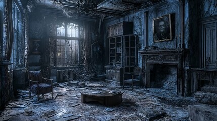 Eerie 3D Horror House with Broken Furniture and Darkened Rooms