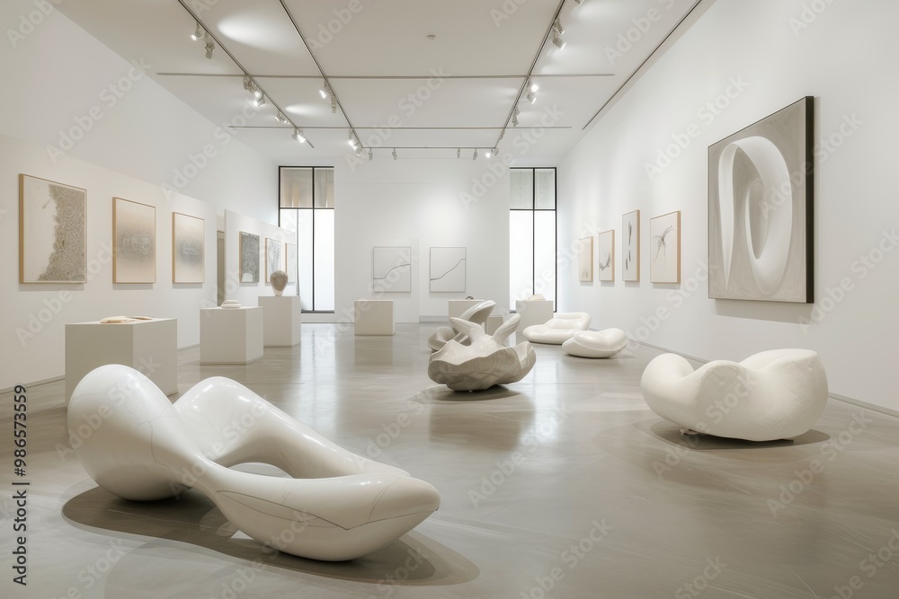 Aufkleber contemporary art gallery displaying unique white sculptures in a spacious and well-lit environment, 