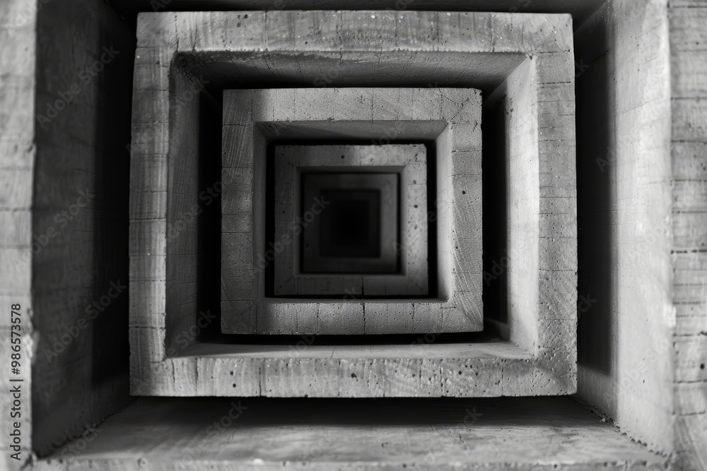 Poster A captivating view of a spiraling concrete structure captured from above, showcasing geometric shapes and shadows in monochrome tones