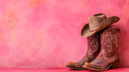 Leather Boots And Cowboy Hat On Pink Background, Outdoor Adventure, Rugged Lifestyle, Western Gear Theme .  