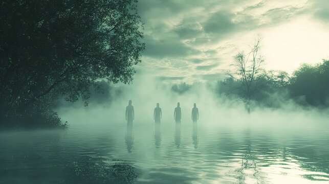 Ethereal Haunting at the Misty Lake - 3D Render of Ghostly Figures Emerging from Foggy Waters