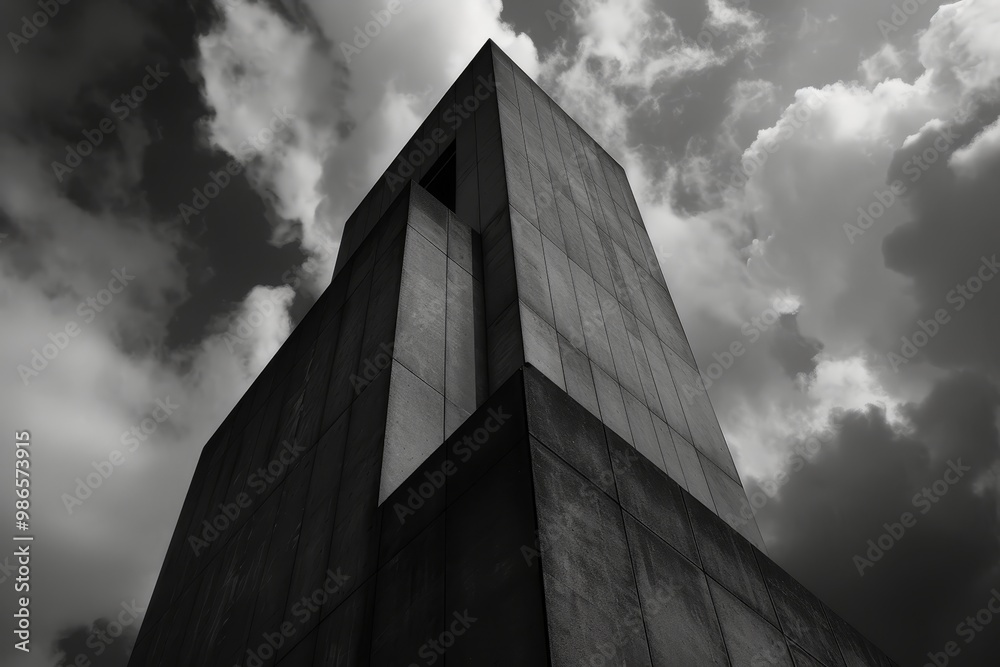 Fototapete A close-up view of a modern concrete building highlighting angular architectural elements against a dramatic cloudy sky