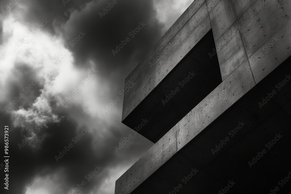 Fototapete A close-up view of a modern concrete building highlighting angular architectural elements against a dramatic cloudy sky