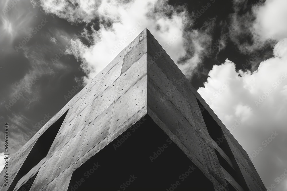 Fototapete A close-up view of a modern concrete building highlighting angular architectural elements against a dramatic cloudy sky