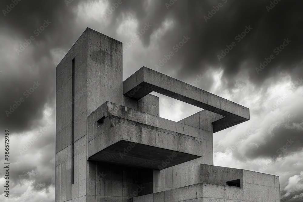 Poster a striking concrete structure under dark stormy clouds showcases bold architectural design and contr