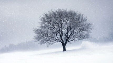 Fototapeta premium Bare tree in open snowy field during snowfall