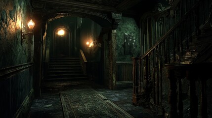 Obraz premium Haunting 3D Horror House with Creaking Floorboards and Flickering Lights, Dark Shadows Lurking in Corners