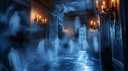 Eerie 3D Haunted House with Ghostly Apparitions and Flickering Candles
