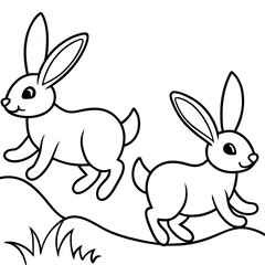 Line Art of Hopping Rabbits with Perked Ears in a Field Vector