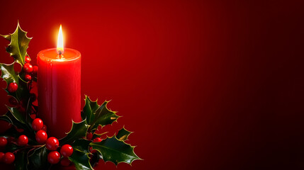Holly And Candle On Red Background, Cozy Festive Atmosphere, Holiday Decor Theme, Warm And Inviting Christmas Concept .  