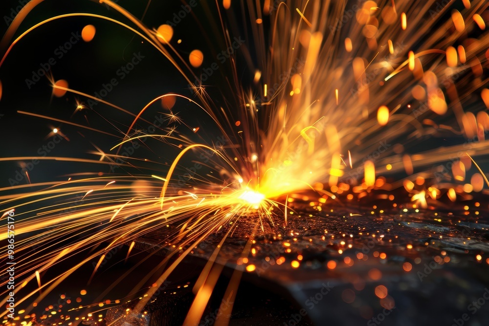 Poster Bright sparks fly as metal is welded in a workshop creating an energetic display of light and motion during the late afternoon