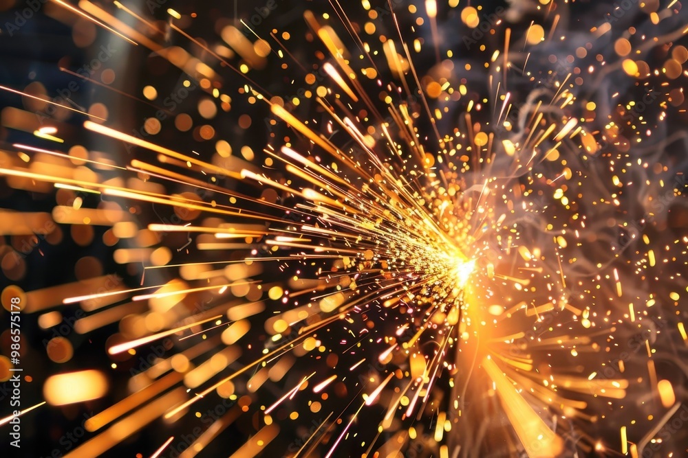 Poster Bright sparks fly as metal is welded in a workshop creating an energetic display of light and motion during the late afternoon