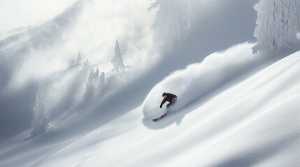 A pro snowboarder shreds the fresh powder on an ungroomed ski run. A winter sports enthusiast's dream come true!