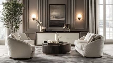 Modern Living Room Interior with White Sofas and a Wooden Coffee Table