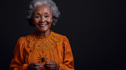 Smiling elderly African woman in Halloween dress holding fake spider