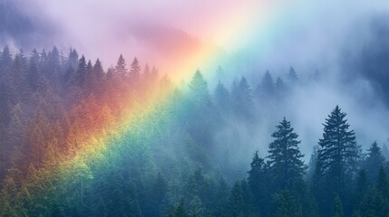 A rainbow paints the sky, standing out against the mist. Below it, a forest stretches out, peaceful and serene. The scene captures the beauty and tranquility of nature after a storm. © Suleyman