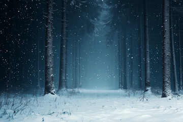 Dark snowy forest with falling snow at night