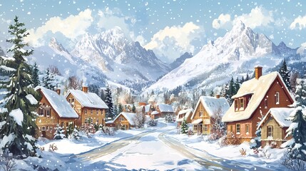 Fototapeta premium A lovely winter town with warm houses, snow-covered trees, and peaceful mountains in the background. Winter image vector