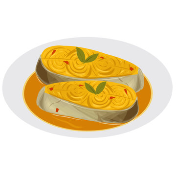 Silver catfish cooked in fermented durian gravy. Tradisional Malay dish is known as Ikan Patin Masak Tempoyak. Malaysian cuisine Illustration. Malaysian food.